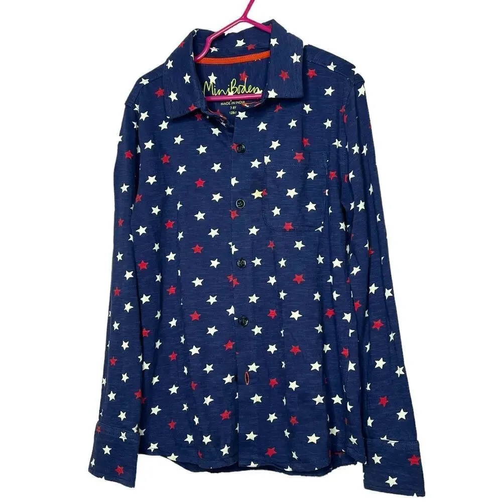 Mini Boden Boys 250th July 4th Blue USA Stars Long Sleeve Top Size 7-8